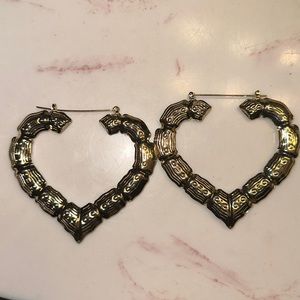 Gold heart shaped bamboo earrings 3.5 inch diameter